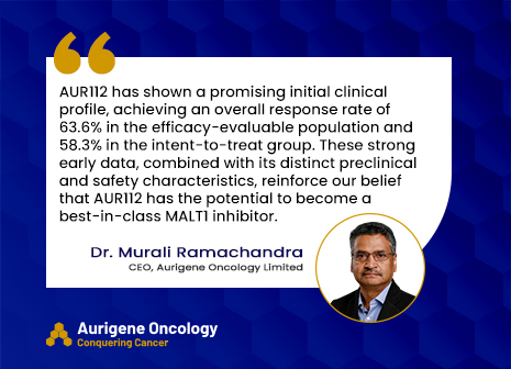 Aurigene Oncology Limited Announces Encouraging Initial Data From 1st Two Cohorts of Phase 1 Study of AUR112, an Oral Small Molecule inhibitor of MALT1, in Relapsed/Refractory Lymphoid Malignancies
